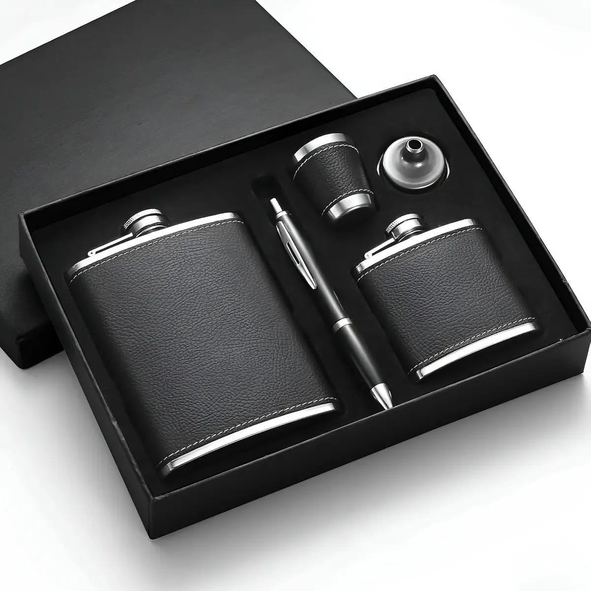 Set De Licorera 1 Vasos Metálicos Embudo Y Caja De