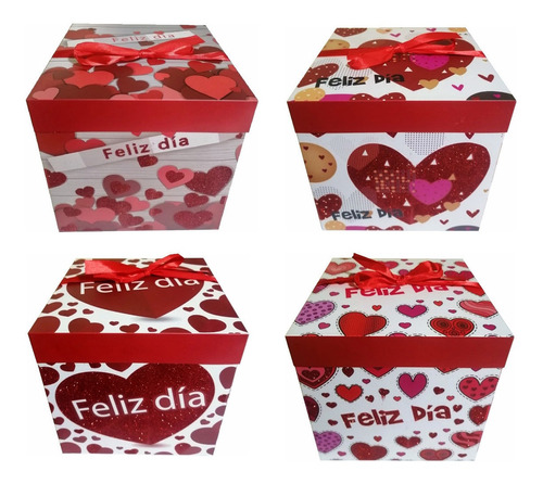 Pack 12 Cajas De Regalo Feliz Día Con Glitter Corazones 15cm