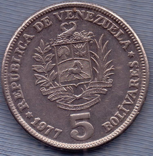 Venezuela 5 Bolivares 1977 * Enorme * Simon Bolivar *