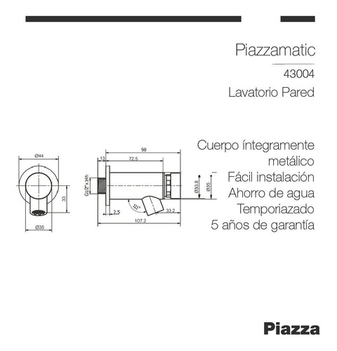 Imagen 2 de 6 de Griferia Canilla Temporizada Lavatorio Pared Piazza Matic