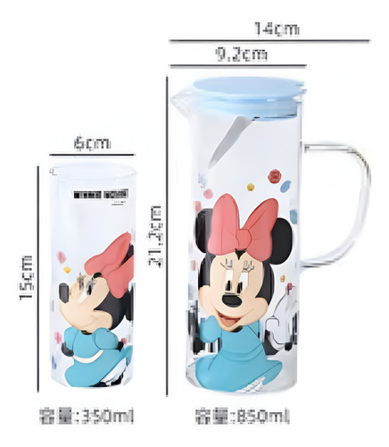 Set De 1 Jarra Y 2 Vasos De Cristal Minnie Mickey Bebidas
