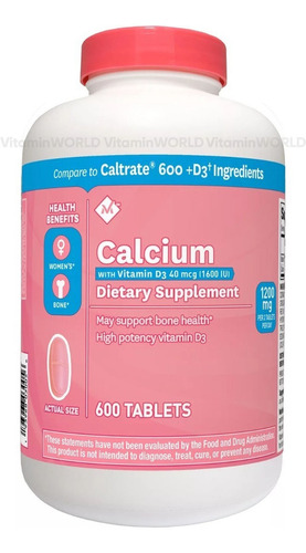 Calcio + Vitamina D3 Colecalcifero De Alta Potencia De 600 Mg | Suplemento Dietetico Puede Reducir El Riesgo De Osteoporosis, La Vitamina D3 Puede Ayudar A Absorber El Calcio | 600 Tabletas