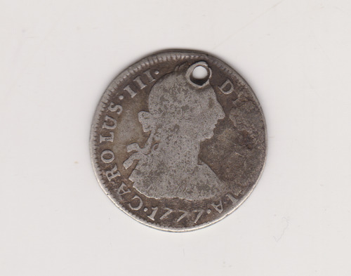 Moneda Potosi 2 Reales Año 1777 Pr Plata Buena Perforada (Usado)