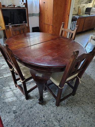 Mesa De Roble Macizo Antigua Expandible 40 Cm, Más 6 Sillas Marrón Oscuro (Usado)