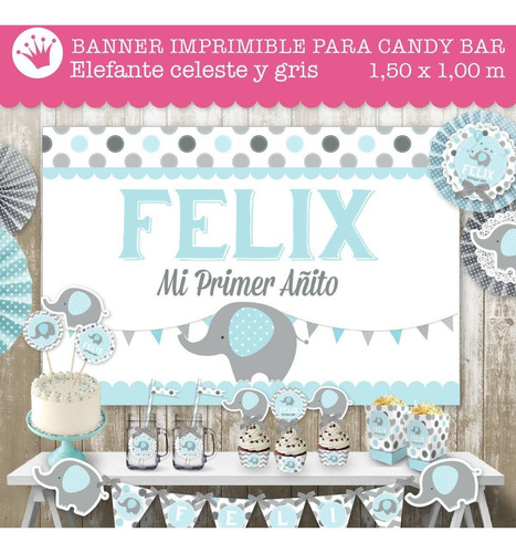 Banner Imprimible Elefante Candy Bar Bautismo Baby Shower 1