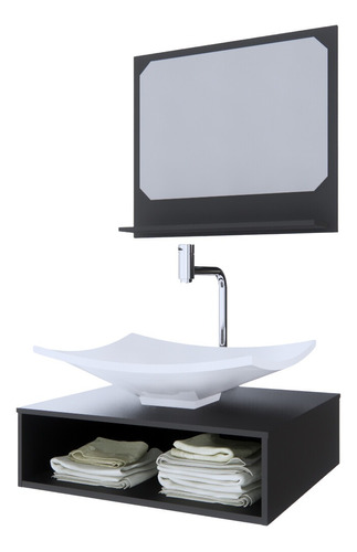 Gabinete Para Banheiro C/cuba + Espelho Ful 50 Preto S/c