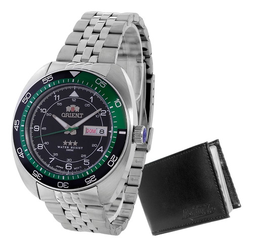Relógio Orient Masculino Automático F49ss018 Aço Prata Verde