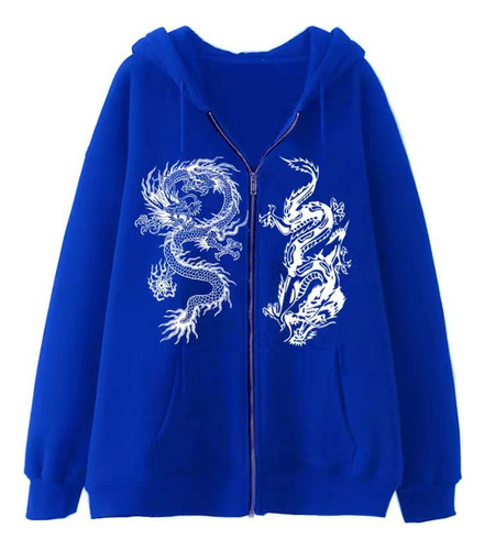 Dragon Print Zip Oversize Fleece Jacket