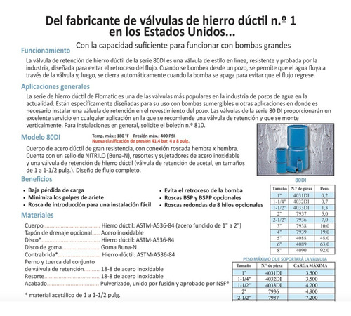 Válvula Check Sumergible Para Columna Flomatic 3 Pulgadas