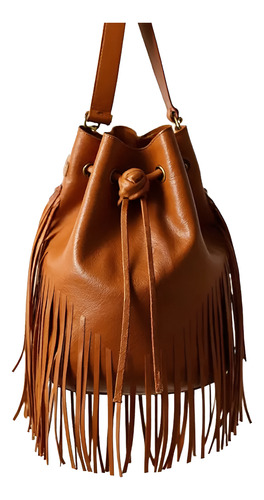 Bolsa Feminina Boho Couro Bucket Caramelo Franjas Caramelo Lisa Ouro Caramelo