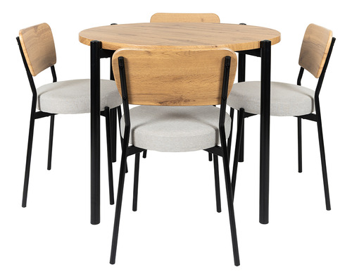 Comedor Redondo Con 4 Sillas Mdf/metal Moderno Minimalista Natural Liso