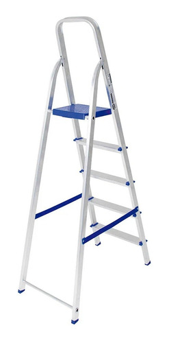 Imagen 2 de 10 de Escalera Tijera De Aluminio Plegable 5 Escalones Mor 5103 Base Antideslizante, Traba De Seguridad. Ultimo Escalon Como Plataforma Y Soporte De Aluminio Para Sujetarse