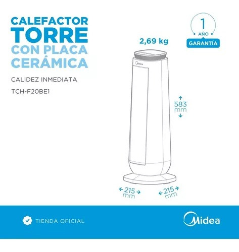 Imagen 6 de 6 de Calefactor Torre Midea Tch-f20be1 2000w Placa Ceramica
