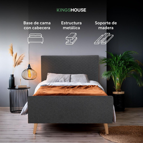Base Para Cama Individual y Cabecera Con Tapizado Estructura Metal Madera Box Gris KingsHouse