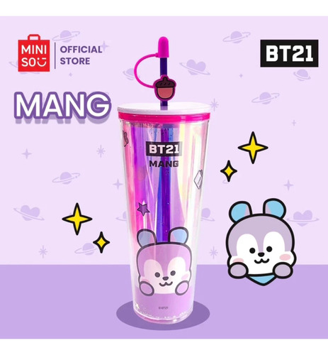 Miniso Vaso Con Tapa Y Popote Bt21 Plástico Tornasol 800ml Lila
