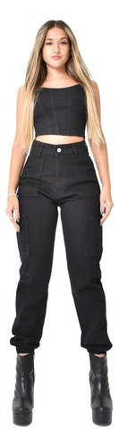 Jean Mom Boygriend Fit Negro Cargo De Mujer Tiro Alto Rigido