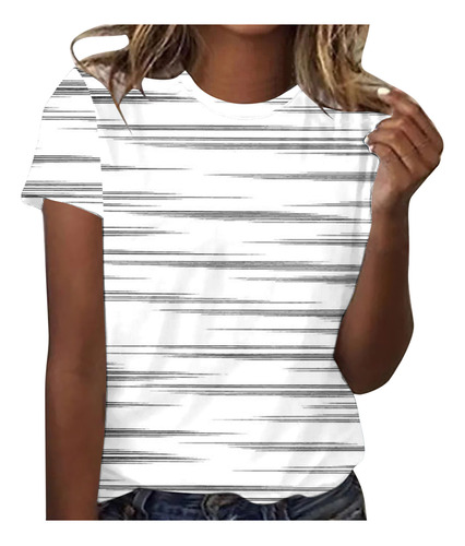 Camiseta De Manga Corta Con Estampado De Líneas Y Para Mujer