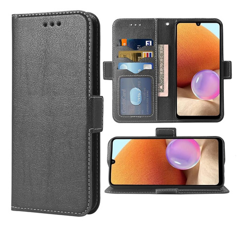 Funda Negra Billetera Cuero Correa Para Samsung Galaxy A12