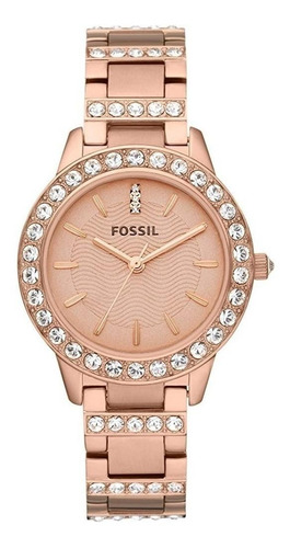 Reloj de pulsera Fossil Jesse de cuerpo color oro rosa, analógico, para mujer, fondo oro rosa, con correa de acero inoxidable color oro rosa, agujas color oro rosa, dial oro rosa, bisel color oro rosa y pulsera