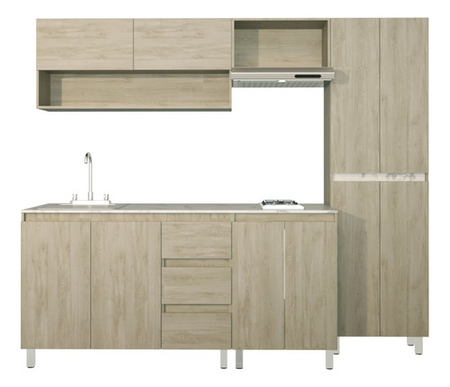 Cocina Integral Premium Decomobil Con Campana Y Parrilla Color Encino Polar - Mármol Blanco