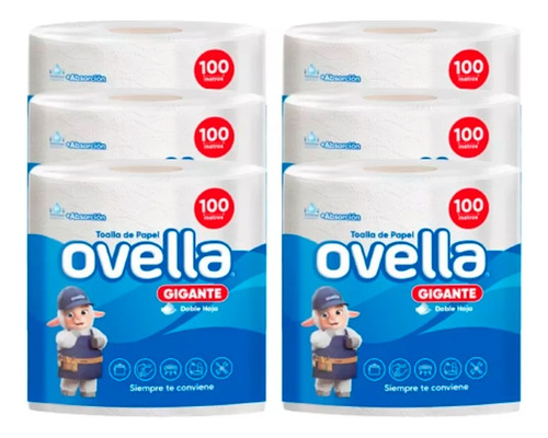 Toalla De Papel Ovella 100 Metros Doble Hoja X 6 Rollos