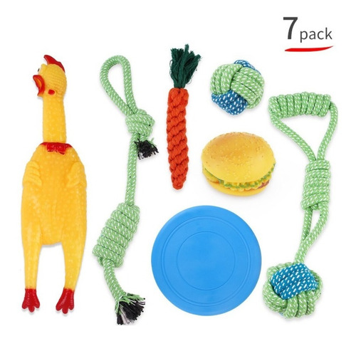 Imagen 2 de 4 de Set 7 Juguetes Para Mascotas, Hamburguesa, Pollo Y Cuerdas