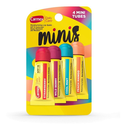 4 Pack Carmex Minis Bálsamo Labial Fresa, Berry, Mint & Mang