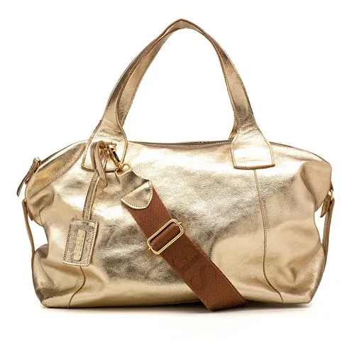 Bolsa Grande Feminina Couro Legitimo Alça Removivel Cor Ouro Light Desenho Do Tecido Fly