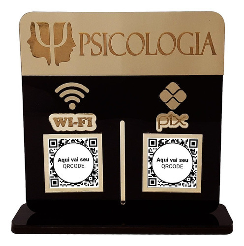 Placa Display 2 Qrcode Pix E Wi-fi Acrílico Dourado E Preto Cor Psicologia