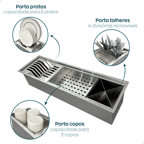 Calha Canal Organizado De Embutir Cuba Cozinha 60cm Inox 304 Inox Fosco