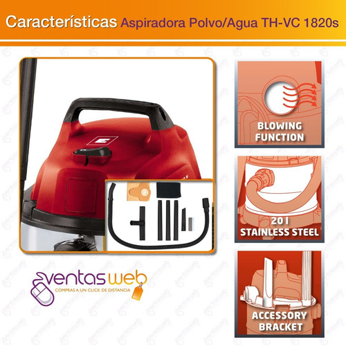 Imagen 4 de 6 de Aspiradora Tacho Inoxidable 20 Lts 1250w Einhell + 5 Bolsas