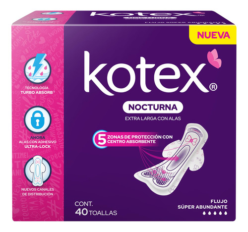 Kotex Nocturna Extra Larga Con Alas, Toalla Femenina,