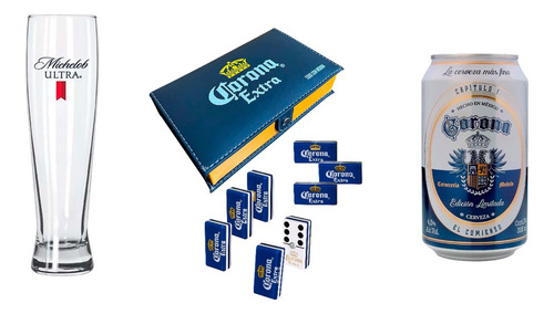 Domino Corona Extra Azul + Vaso Michelob + Lata Corona Cap 1