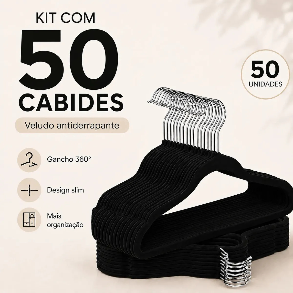 KIT 50 CABIDES VELUDO DE ROUPA ANTIDESLIZANTE SLIM ADULTO GANCHO 360° PRETO