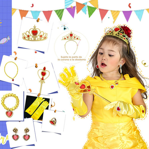 Vestido De Princesa Accesorios Corona Varita Set Para Niñas