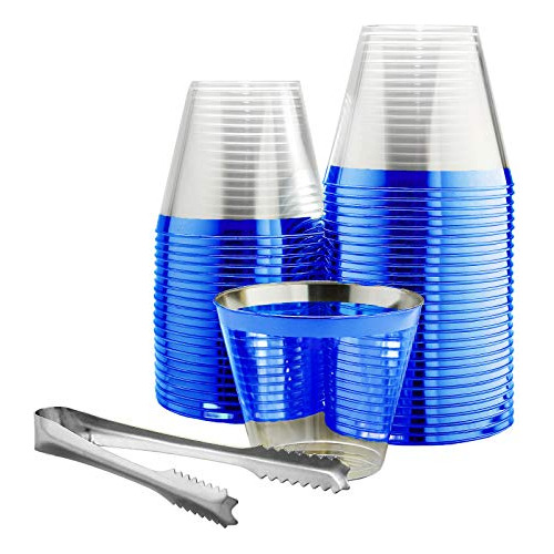 100 Blue Rimmed Plastic Cups And 1 Silver Ice Tong Set ...