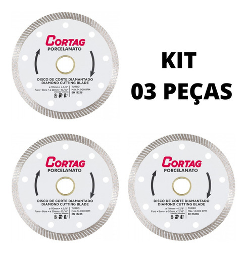 Kit 3 Discos Corte Diamantado Porcelanato Turbo 110mm 4.3/8 Cor Branco