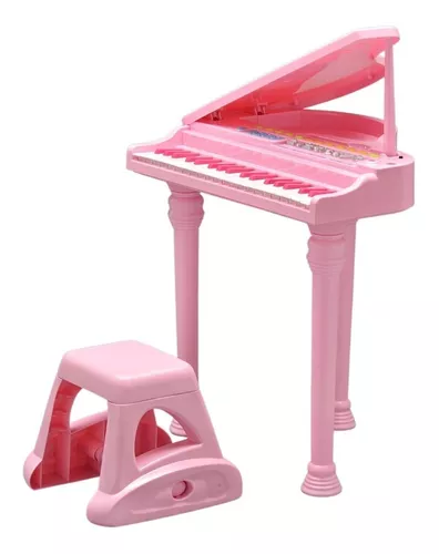 Piano Teclado Infantil C/ Microfone E Banquinho Rosa Inmetro Cor