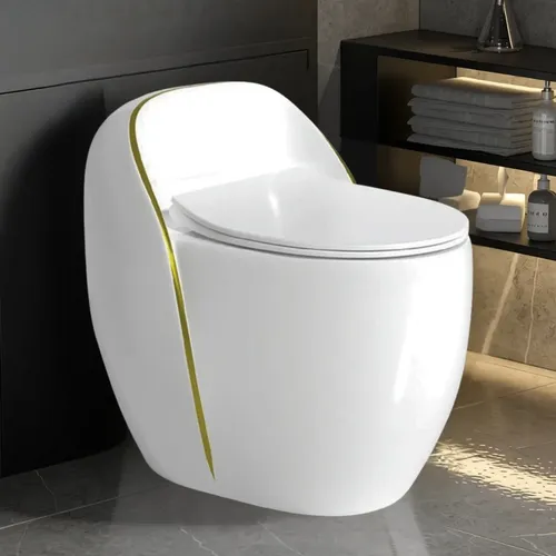 Foto real de Vaso Sanitario Monobloco Malta Branco com Dourado Axori