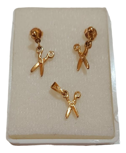 Set Aretes Y Dije Tijeras De Oro Laminado Brasileño 18 K