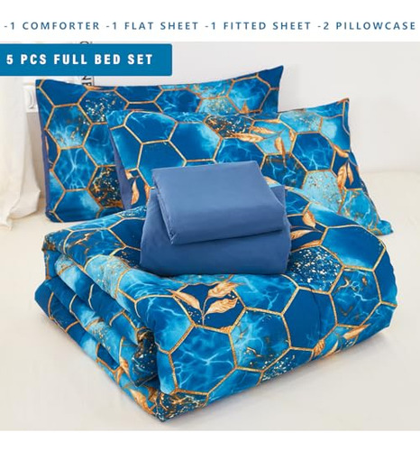 Juego De Cama Matrimonial Estampado Mármol Azul Y Dorado