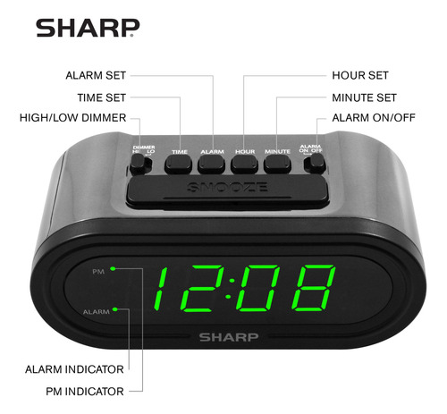 Reloj Despertador Sharp Accuset Automático Led Verde Negro - Verde Led