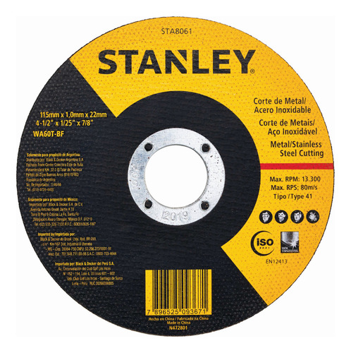 Disco De Corte Inox 4.1/2'' X 1,0mm X 7/8'' Sta8061 Stanley