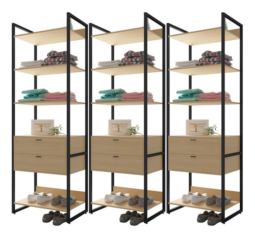 Kit 3 Closets Guarda Roupa Ind 6 Gavetas 210x70 Blind Nature