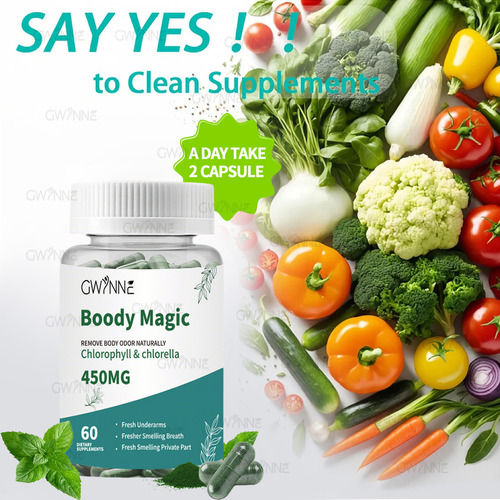 Gwynne Boody Magic Tabletas De Clorofila Natural Para El Olor Corporal Femenino Contiene 450 Mg De Clorofila Y Chlorella, Suplemento Desodorante Corporal Para Hombres Y Mujeres,60 Cápsulas