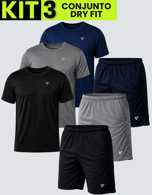 Kit com 3 conjuntos masculinos de academia, contendo três camisetas e três shorts nas cores preta, cinza e azul marinho, todos com tecido dry fit e logo da marca.