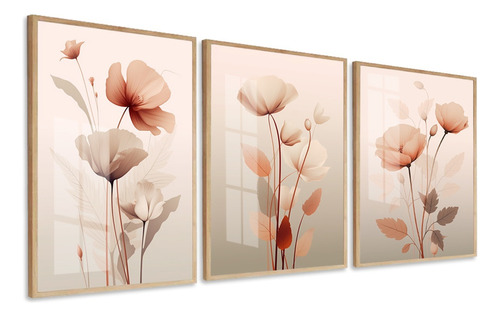 Kit 3 Quadros Decorativos Modernos Pôster Flores Rosa Vidro