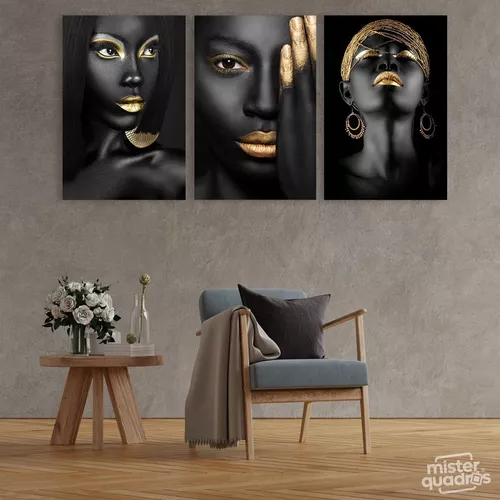 Quadro Grande Para Quarto Mulher Afro Dourada Em Canvas