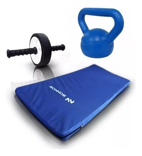 Kit Fitness 8 Pesa Rusa 3kg Colchoneta Rueda Abdominal Color Azul