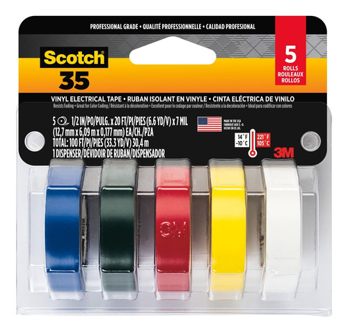 Electrical Tape Scotch Vinyl 35 5 Rolls Multi-color Pack